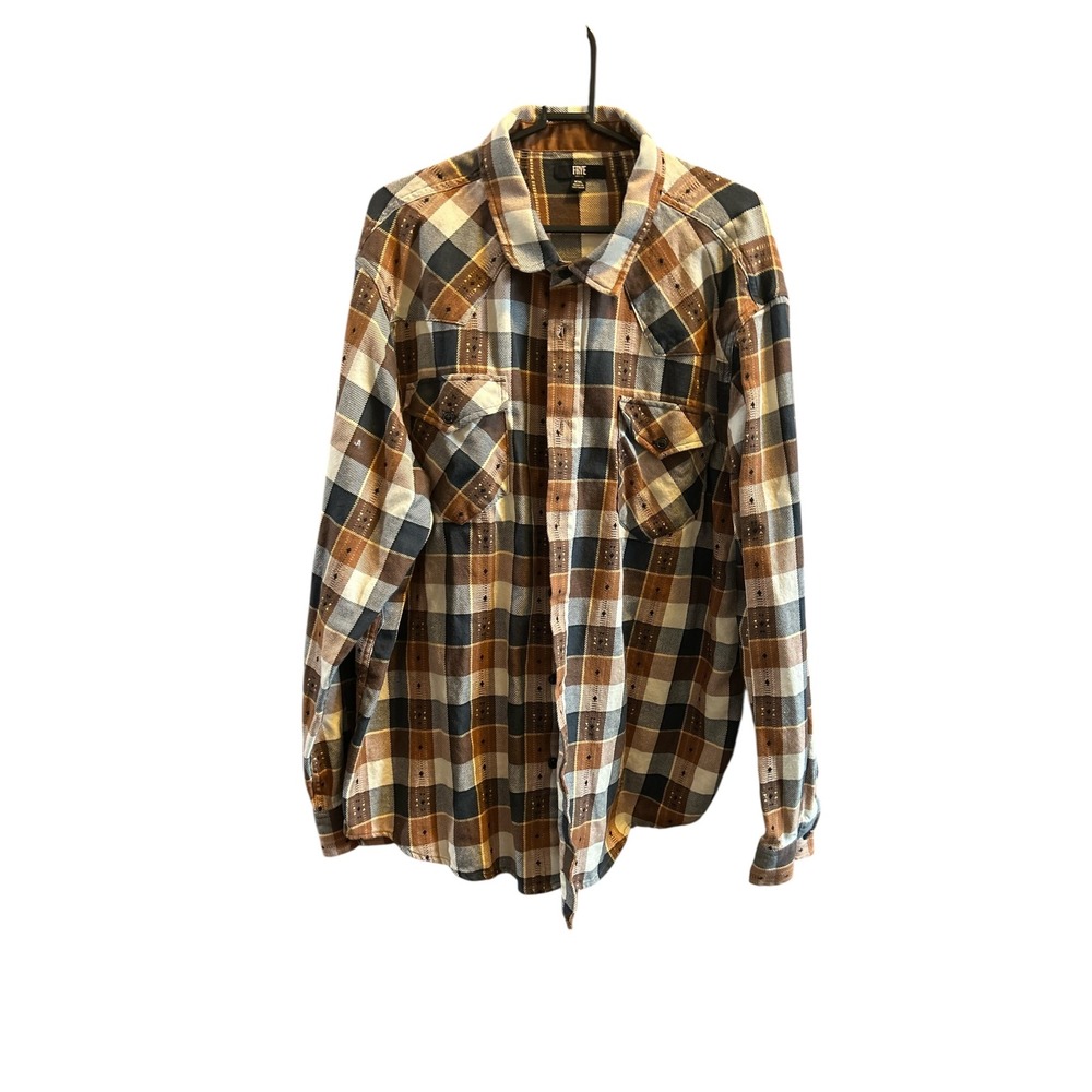 Frye Mens XXL Brown Plaid Western Flannel Shirt Embroidered Cotton Long Sleeve‎